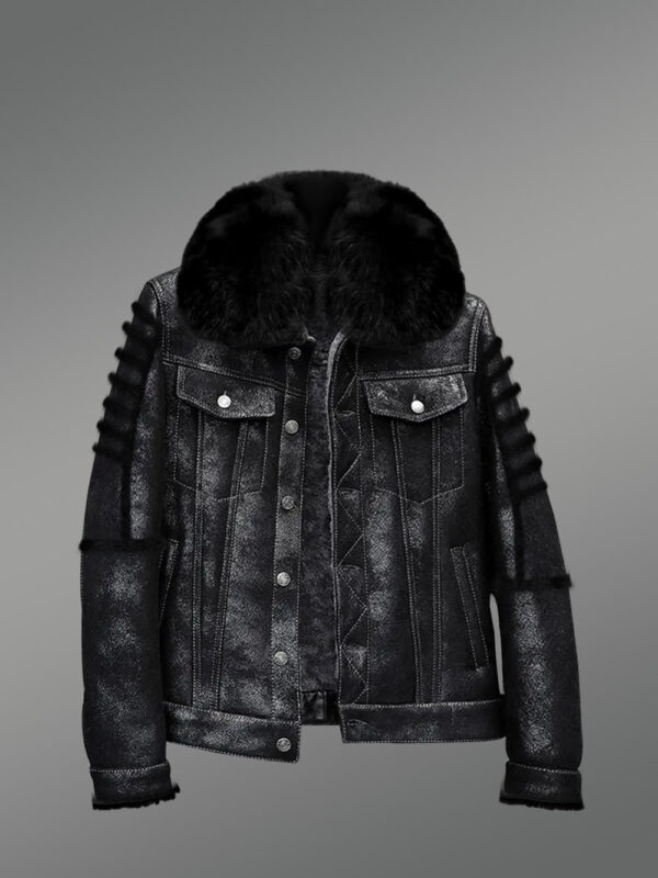 Mens Shearling Black Jacket With Fox Fur Hood and Collar for Maximum Protection - Image 3