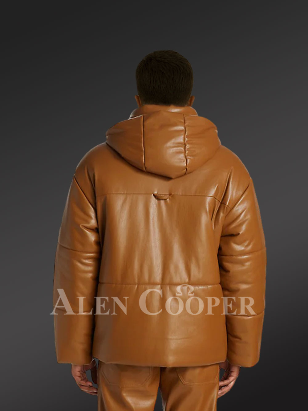 Men’s Puffer Leather Bomber Jacket with Collared Neck and Detachable Hood - Image 3