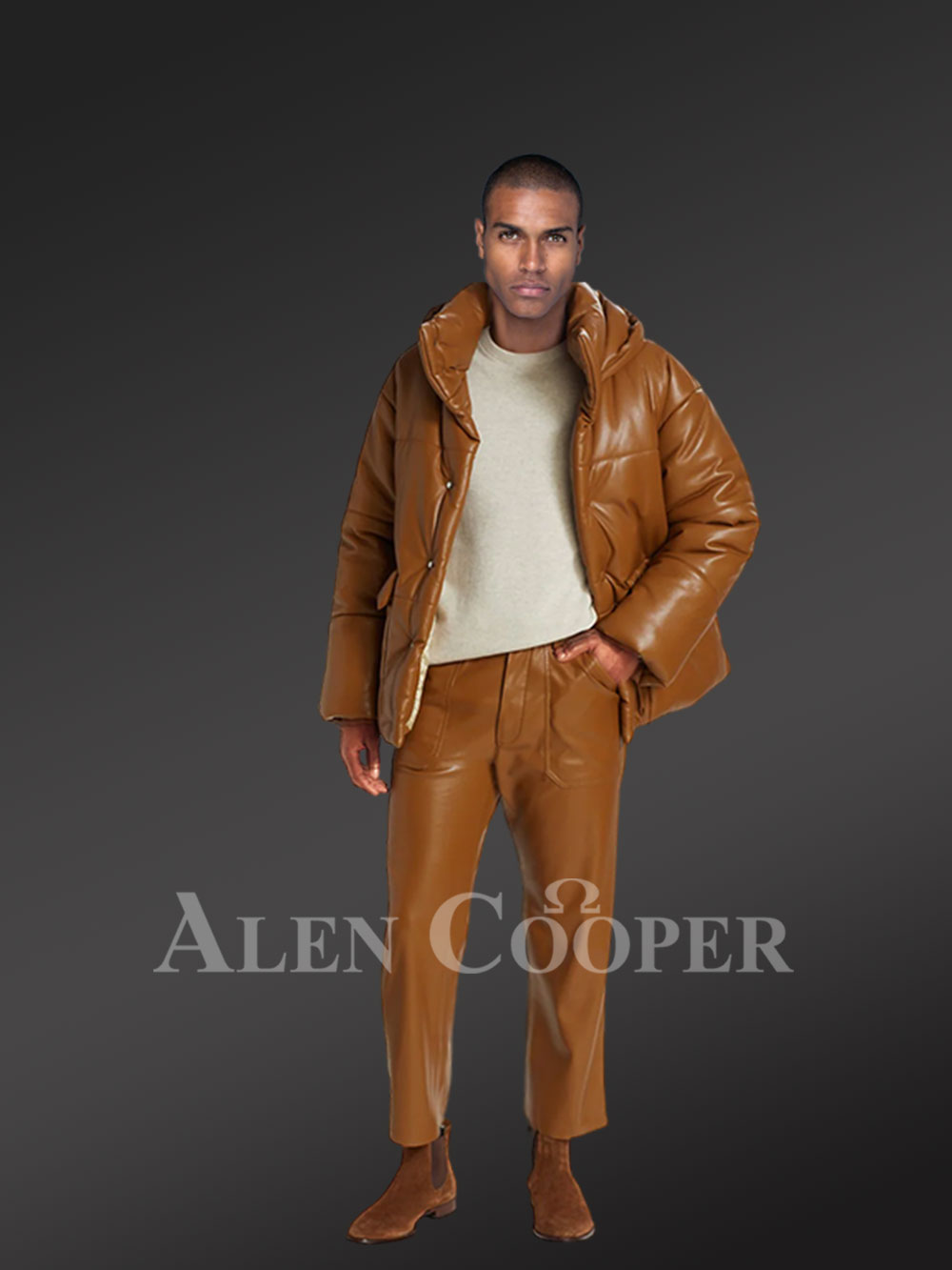 Men’s Puffer Leather Bomber Jacket with Collared Neck and Detachable Hood - Image 4