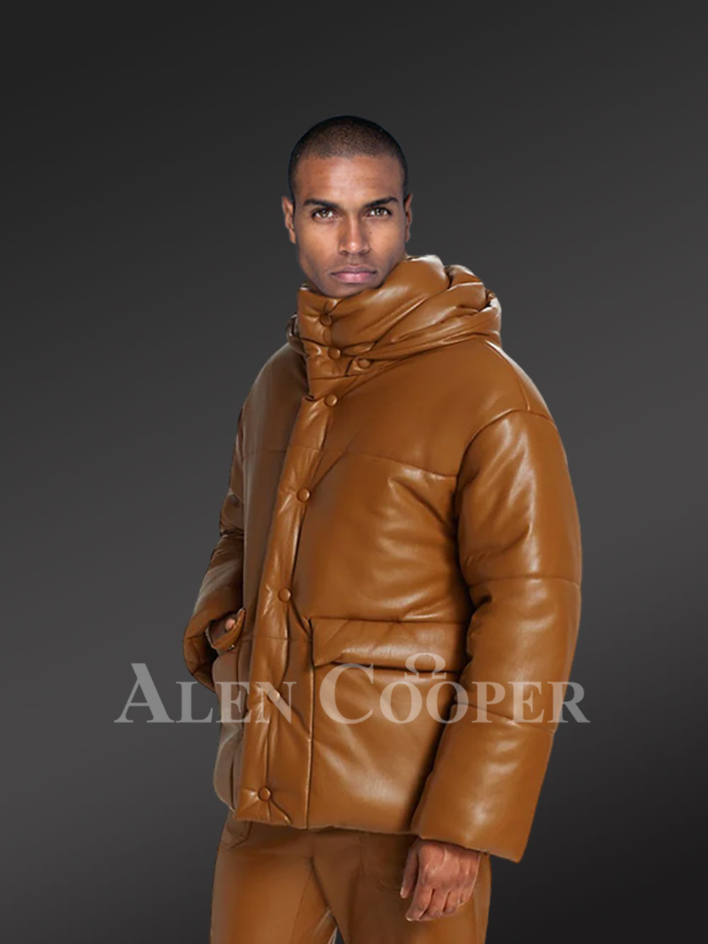 Men’s Puffer Leather Bomber Jacket with Collared Neck and Detachable Hood - Image 2