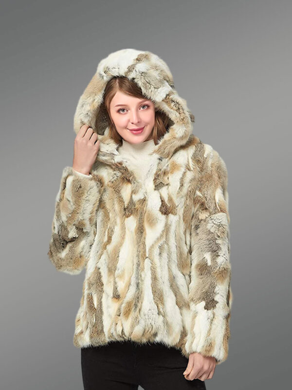 Women’s Natural Rabbit Bomber Jacket with Hood