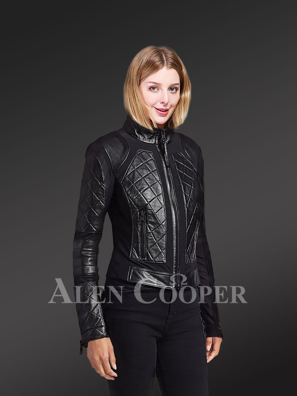 Women’s Black Moto Leather Jacket with Diamond Pattern - Image 3