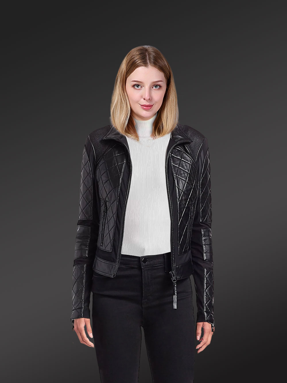 Women’s Black Moto Leather Jacket with Diamond Pattern