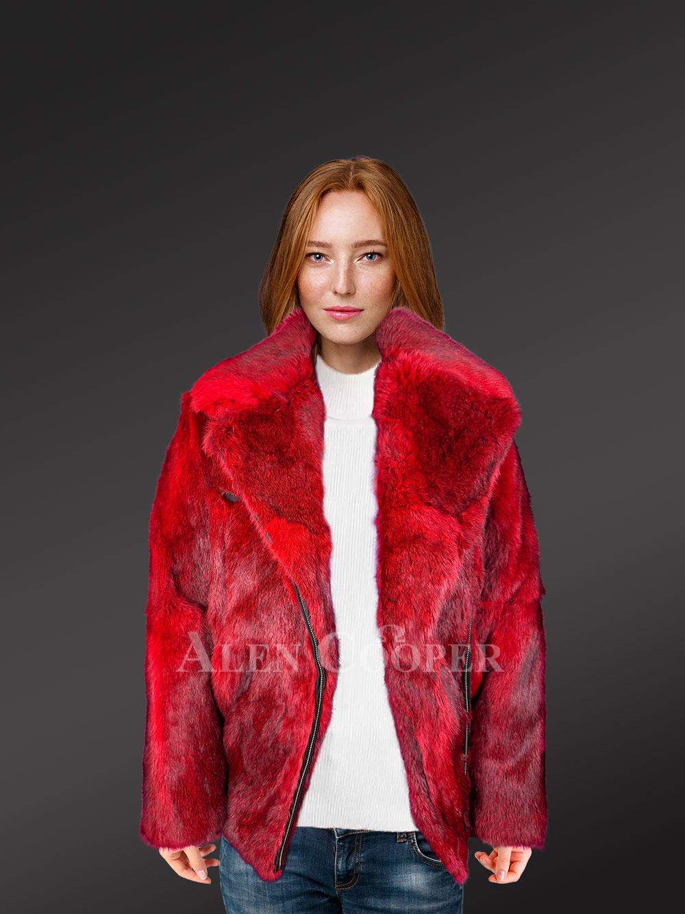 Women’s Rabbit Fur Biker Jacket with Unsymmetrical Zipper Closing - Image 3