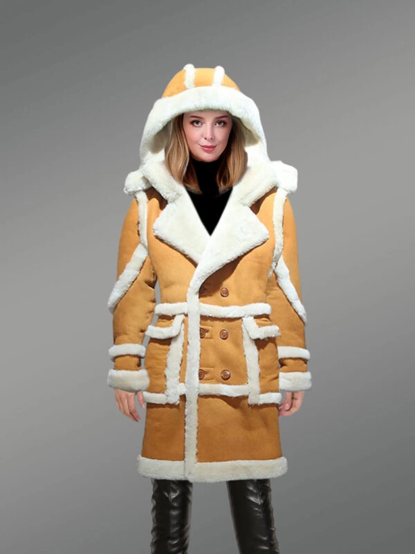 Knee length womens coat with detachable hood and back slit