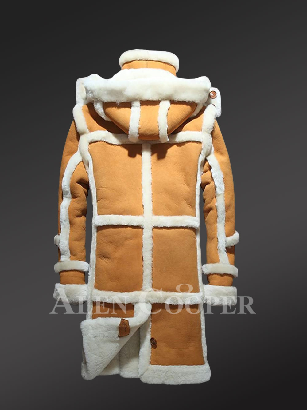 Mens Shearling Long Coat with Detachable Hood and Back Slit - Image 4