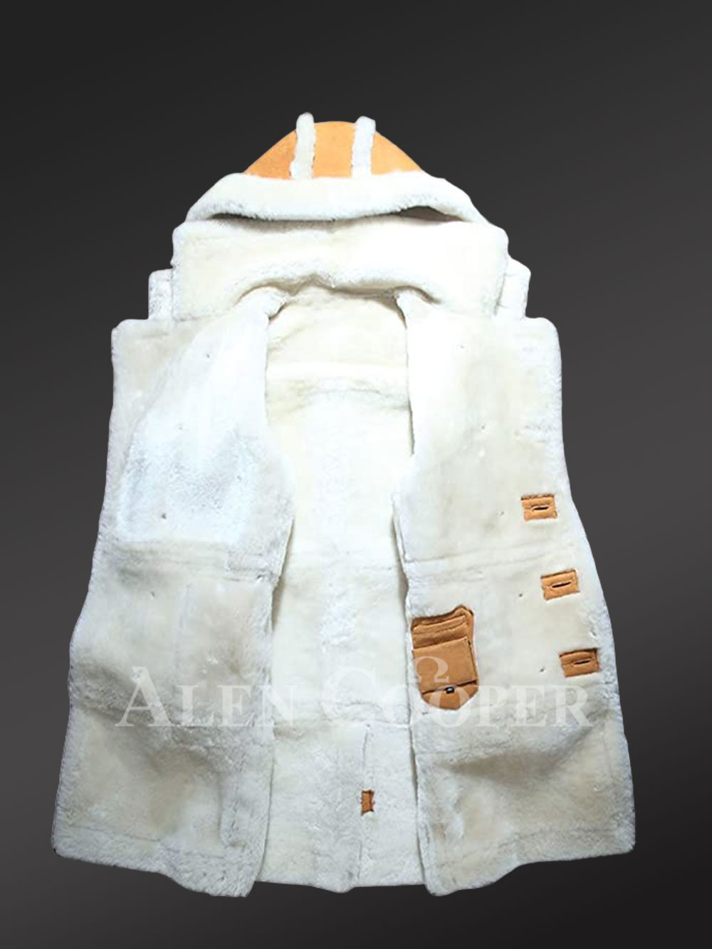 Mens Shearling Long Coat with Detachable Hood and Back Slit - Image 3