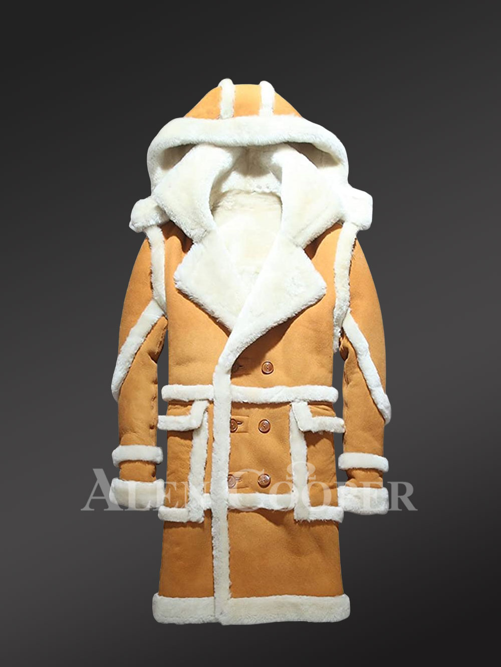 Mens Shearling Long Coat with Detachable Hood and Back Slit - Image 2