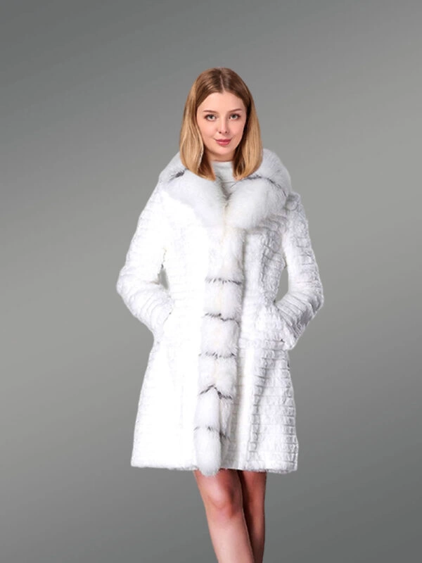 Premium Rabbit Fur Mid Length coat for women in fox fur collar