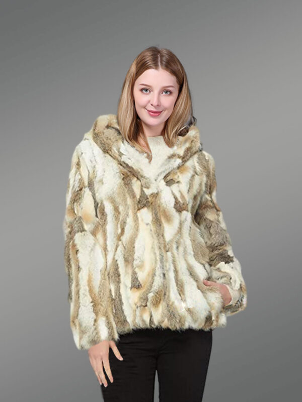 Women’s Natural Rabbit Bomber Jacket with Hood - Image 3