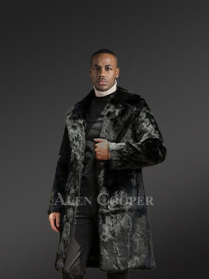Rabbit Fur Long Coat with Turned-Down Collar and Notched Lapel