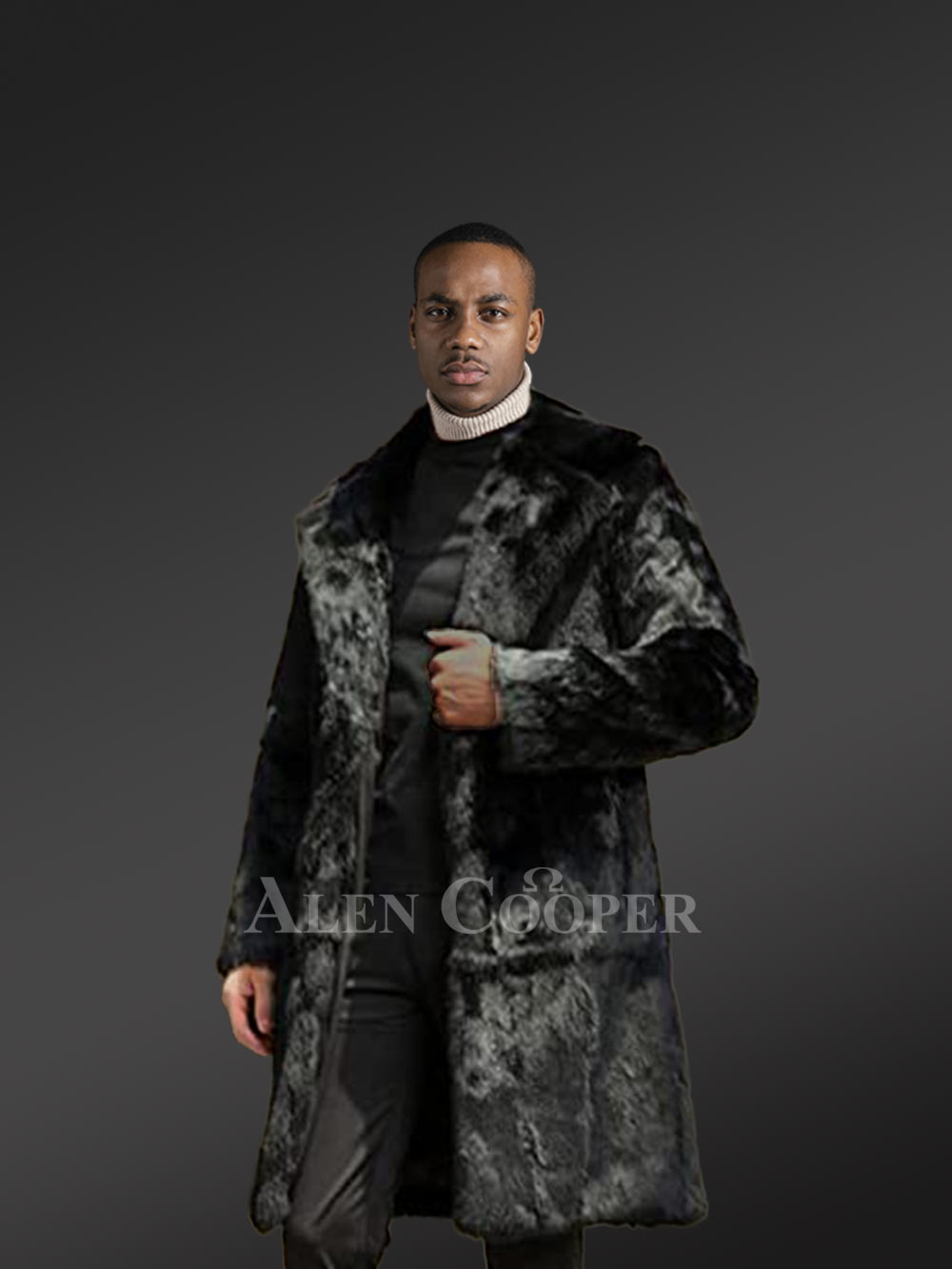 Rabbit Fur Long Coat with Turned-Down Collar and Notched Lapel