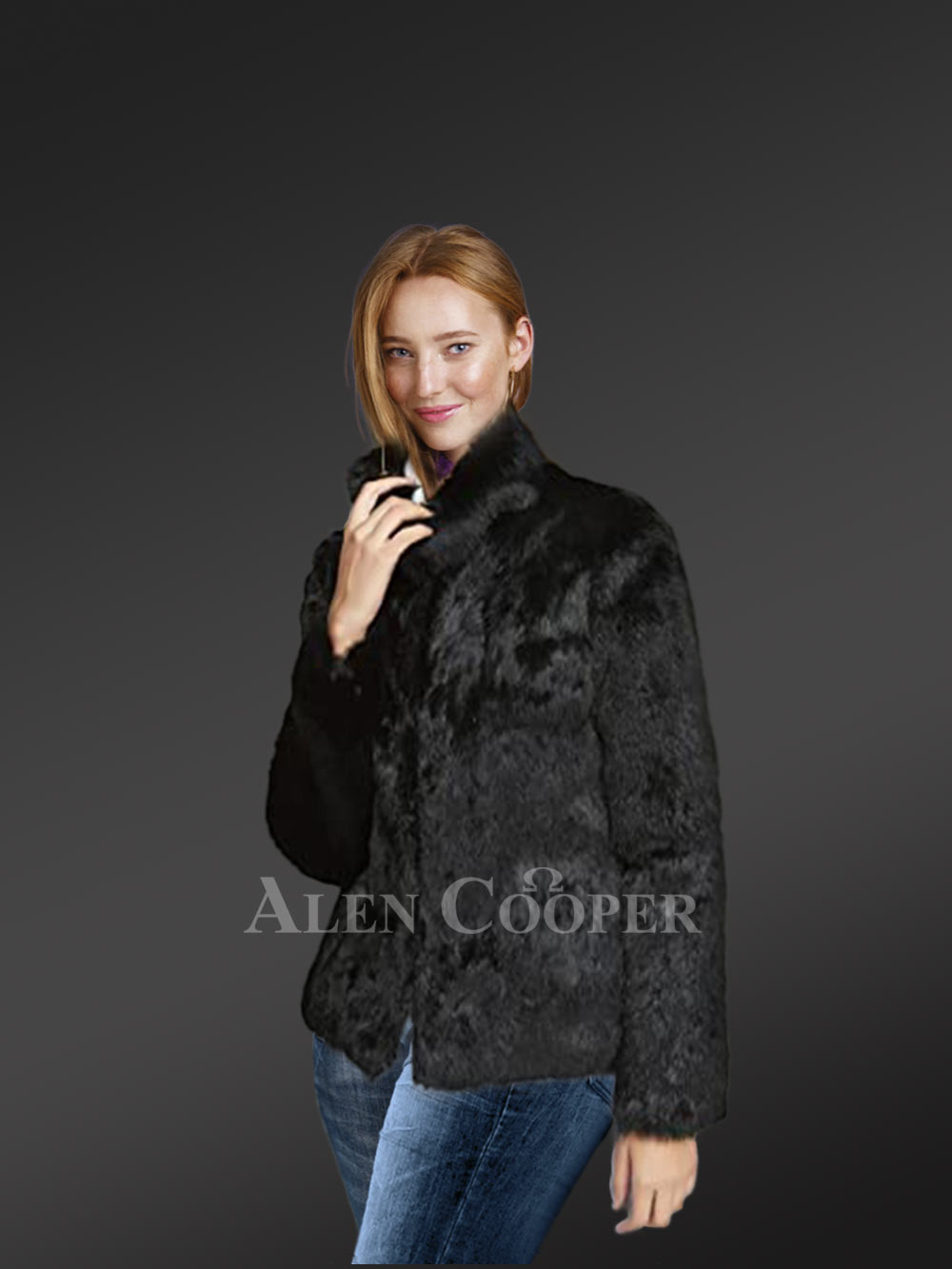 Rabbit Fur Jacket in Black for Stylish Women - Image 2