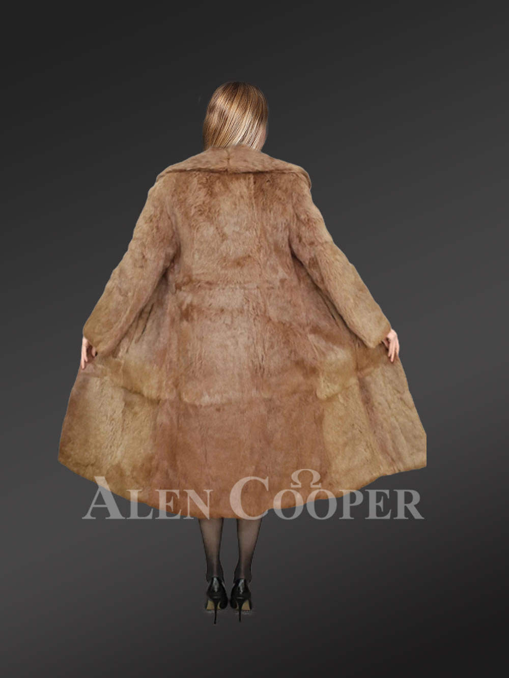 Long Dressy Rabbit Fur Coat in Brown - Image 9