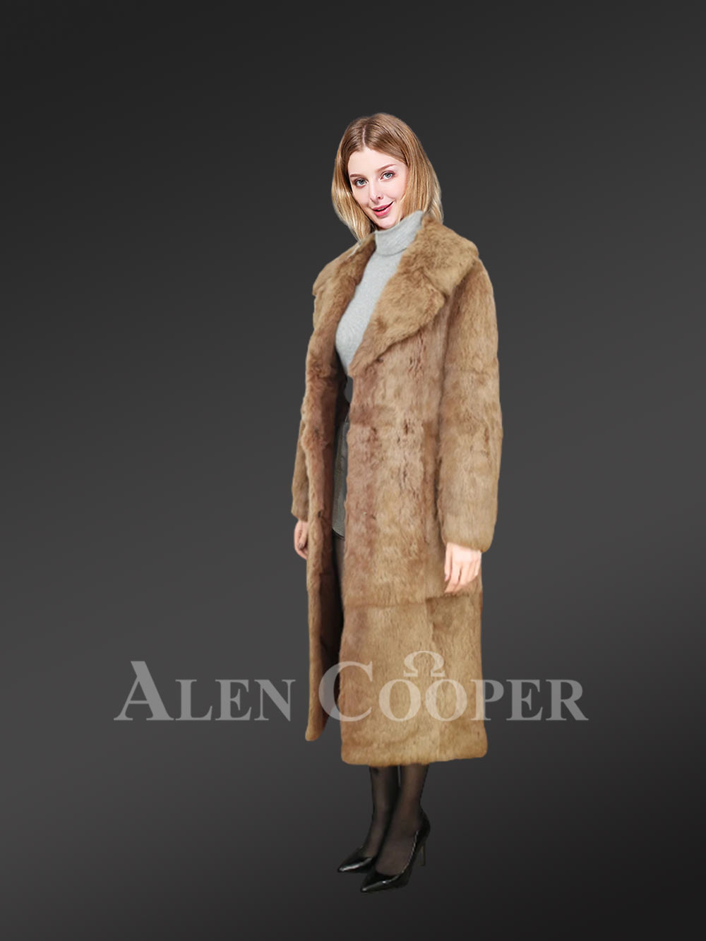Long Dressy Rabbit Fur Coat in Brown - Image 2