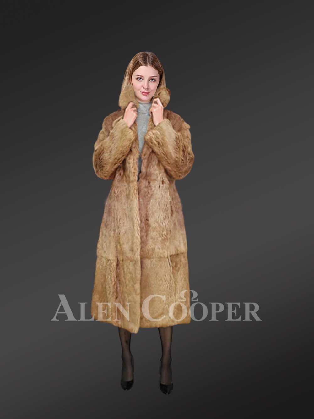 Long Dressy Rabbit Fur Coat in Brown - Image 5