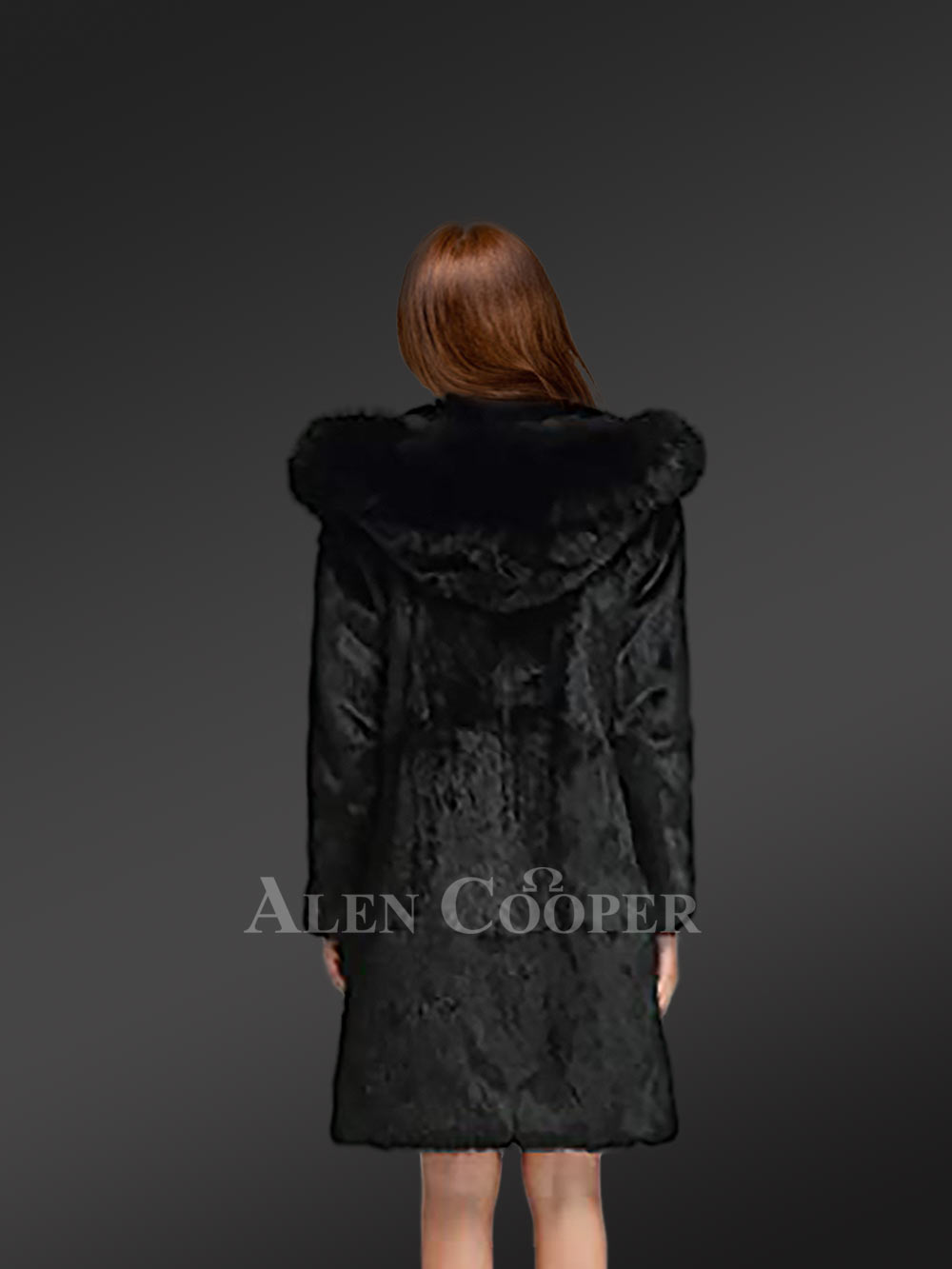 Long A-line Rabbit Fur Coat with Hood in Black for Women - Image 5
