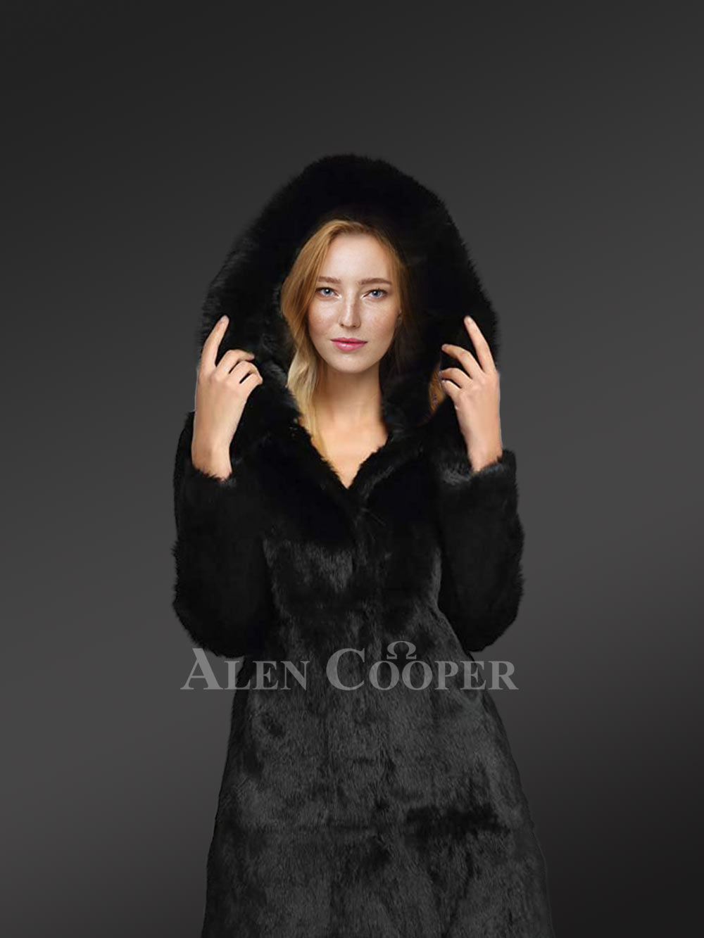 Long A-line Rabbit Fur Coat with Hood in Black for Women - Image 2