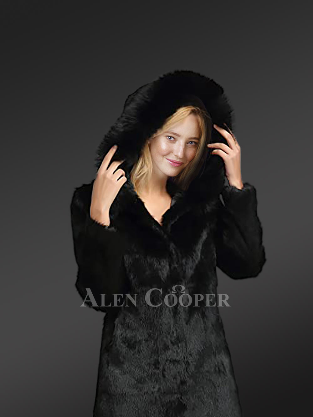 Long A-line Rabbit Fur Coat with Hood in Black for Women - Image 3
