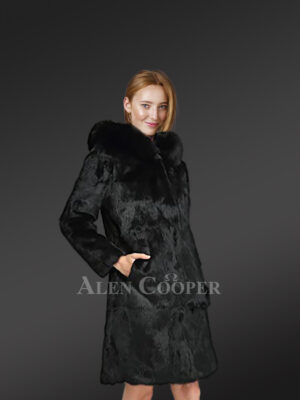 Long A-line Rabbit Fur Coat with Hood in Black for Women