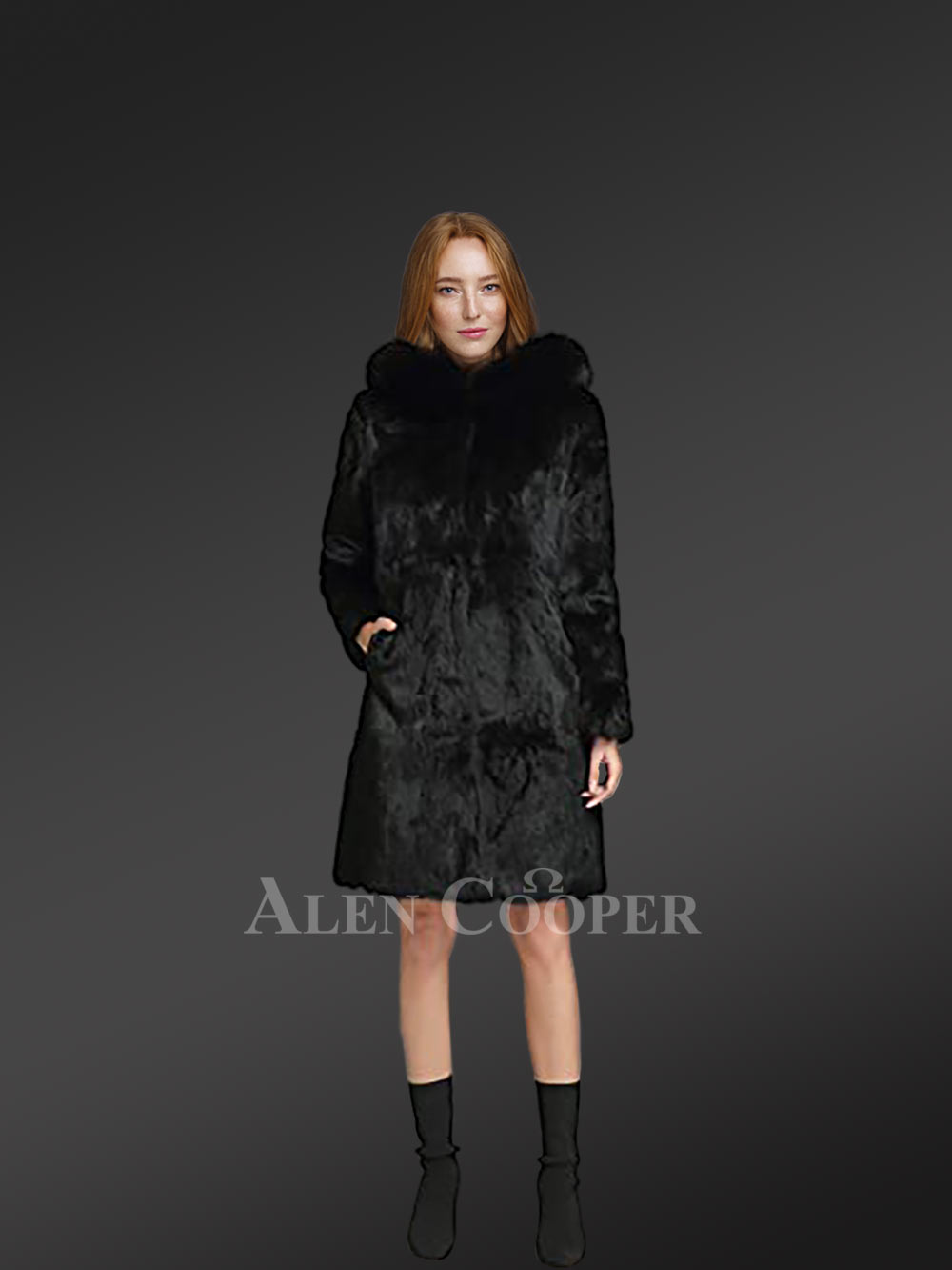 Long A-line Rabbit Fur Coat with Hood in Black for Women - Image 4