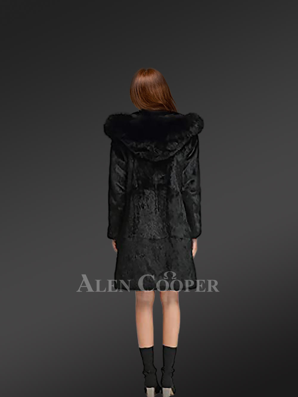 Long A-line Rabbit Fur Coat with Hood in Black for Women - Image 6