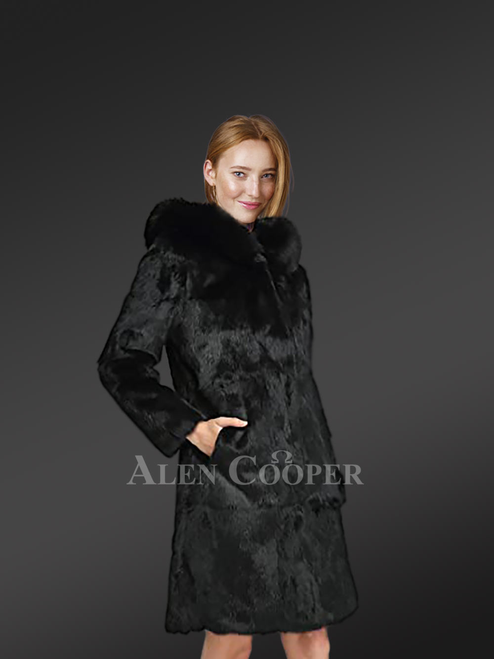 Long A-line Rabbit Fur Coat with Hood in Black for Women
