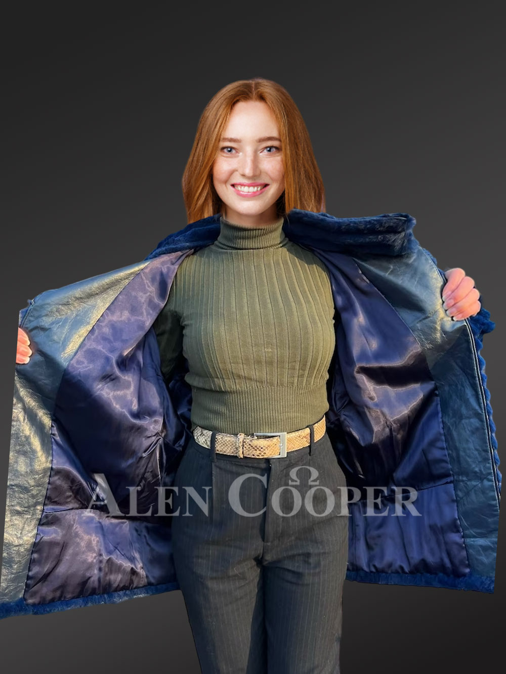 Vintage Rabbit Fur Coat for Women in Royal Blue - Image 3