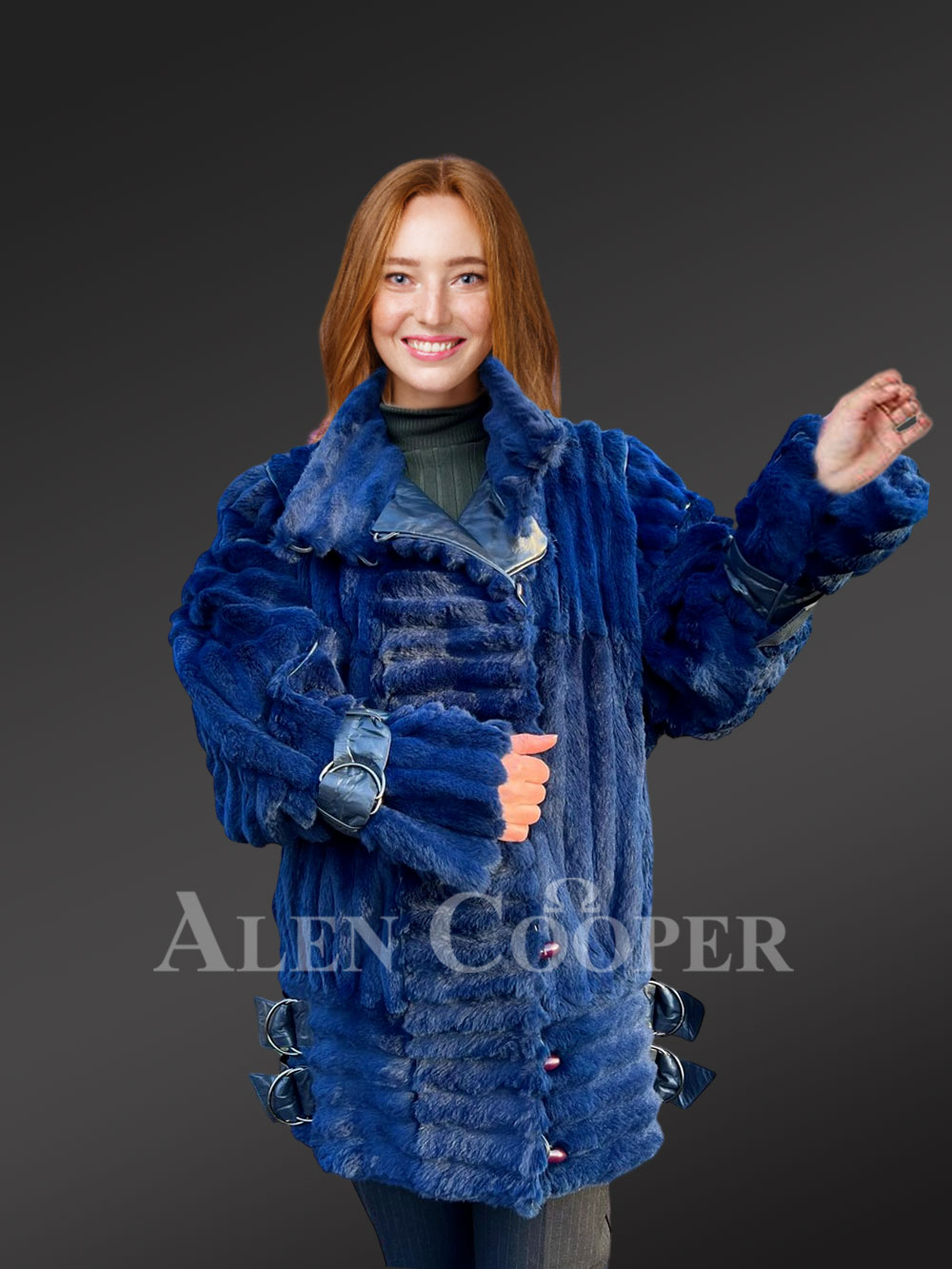 Vintage Rabbit Fur Coat for Women in Royal Blue
