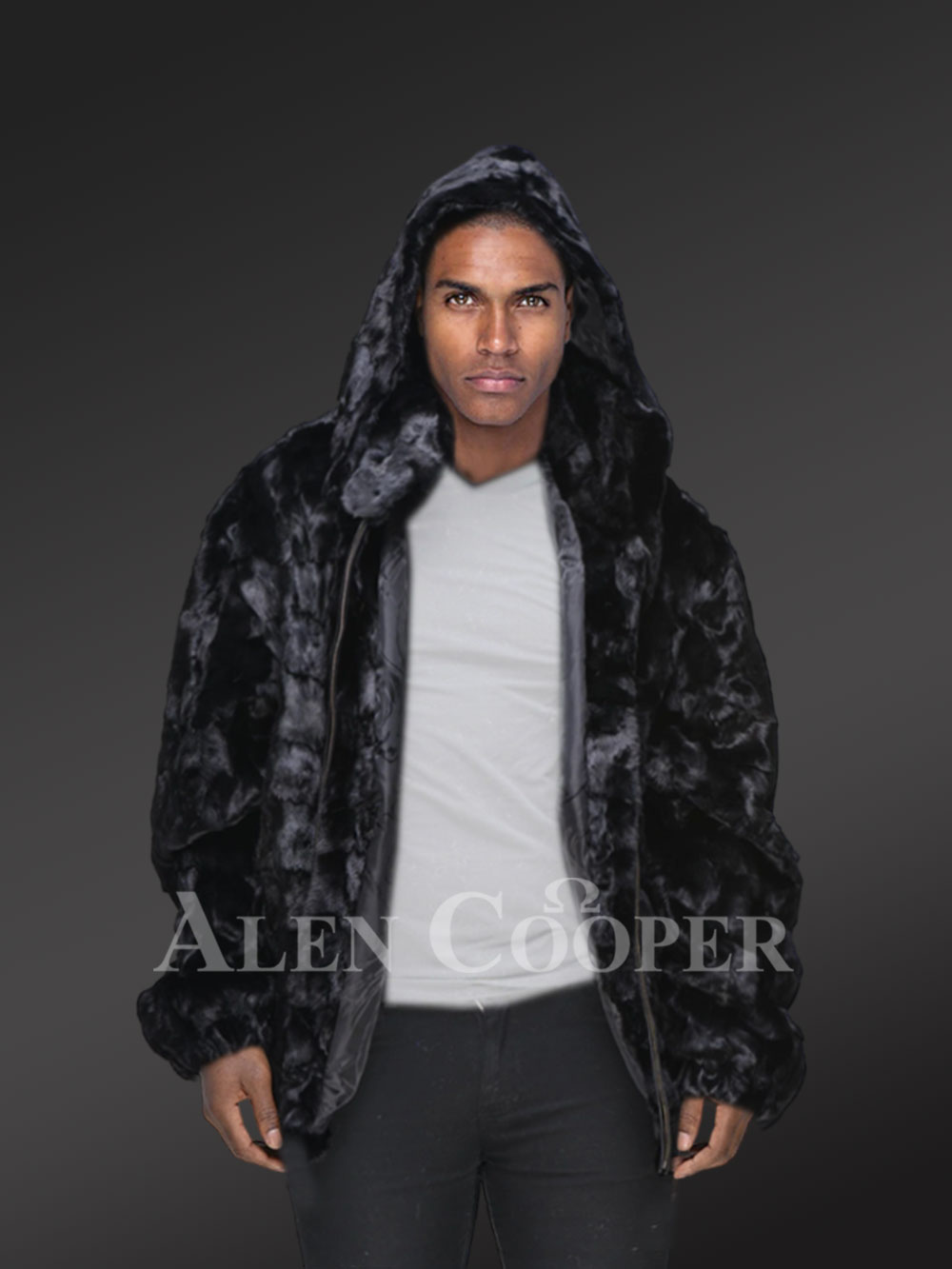 Mink Fur Bomber Men Jacket In Glitzy Black