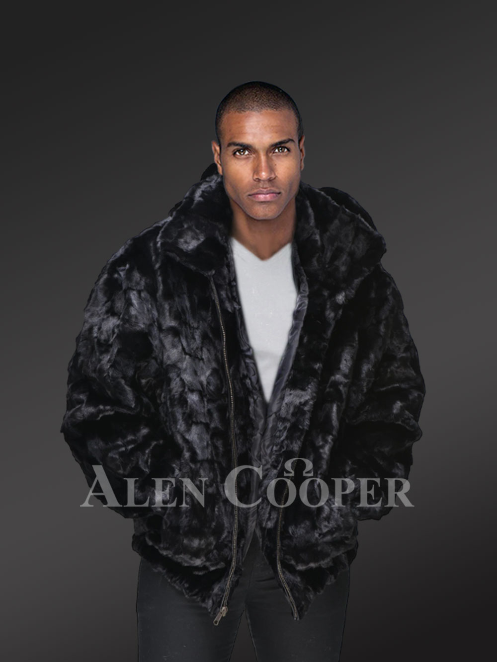 Mink Fur Bomber Men Jacket In Glitzy Black - Image 2