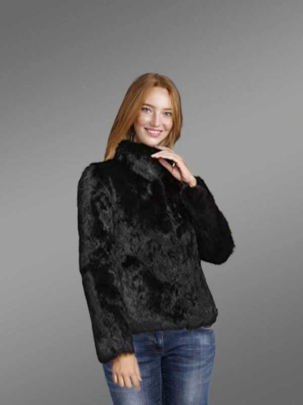 Rabbit Fur Jacket in Black for Stylish Women - Image 2