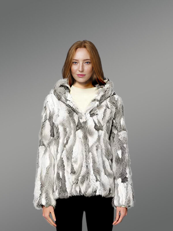 Women’s Authentic Hooded Rabbit Fur Jacket in Gray and White - Image 3