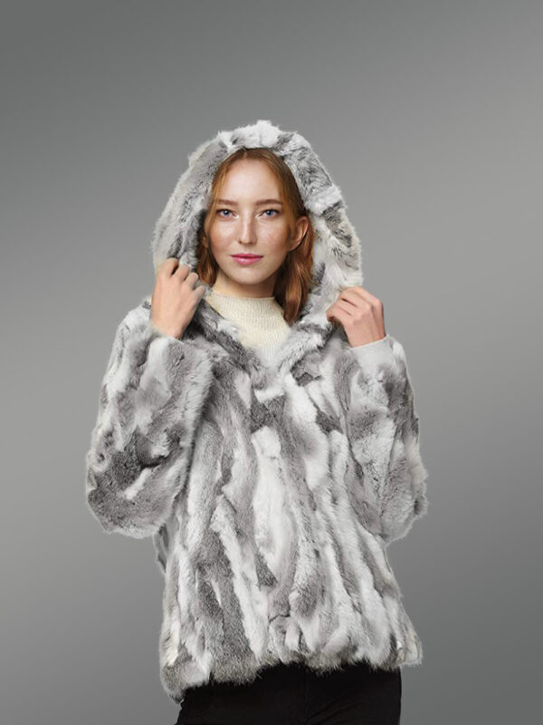 Women’s Authentic Hooded Rabbit Fur Jacket in Gray and White