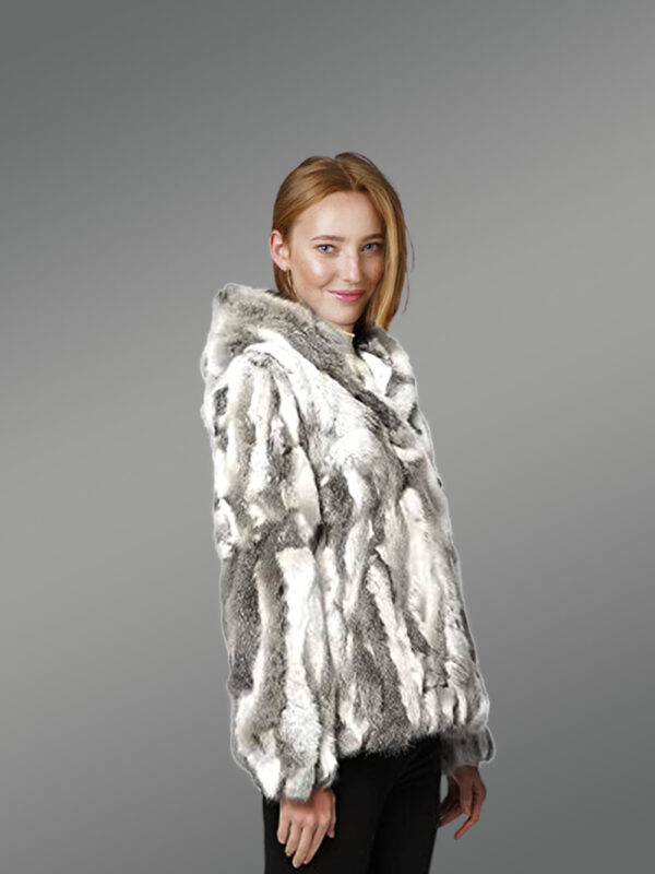 Women’s Authentic Hooded Rabbit Fur Jacket in Gray and White - Image 4