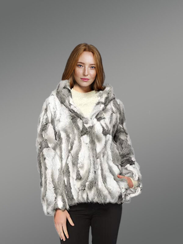 Women’s Authentic Hooded Rabbit Fur Jacket in Gray and White - Image 2