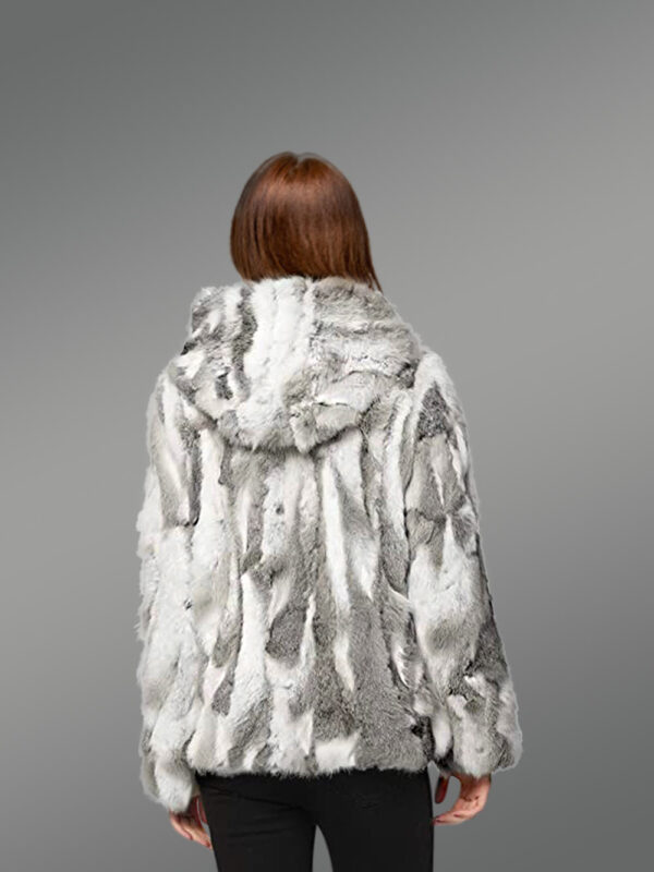 Women’s Authentic Hooded Rabbit Fur Jacket in Gray and White - Image 5