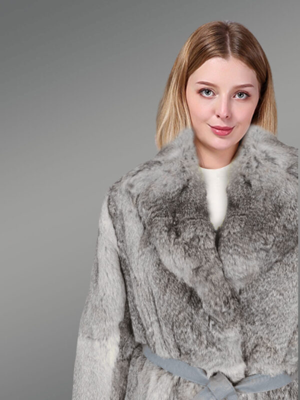 Women’s Ribbon Belt Fur Coat with Collar and Lapel - Image 3