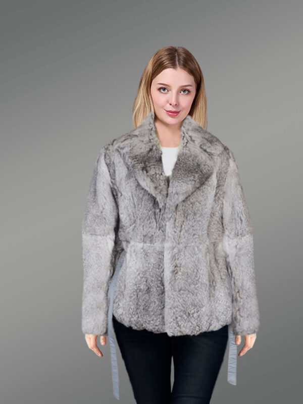 Women’s Ribbon Belt Fur Coat with Collar and Lapel - Image 2