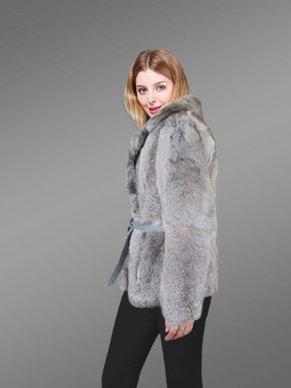 Women’s Ribbon Belt Fur Coat with Collar and Lapel - Image 4