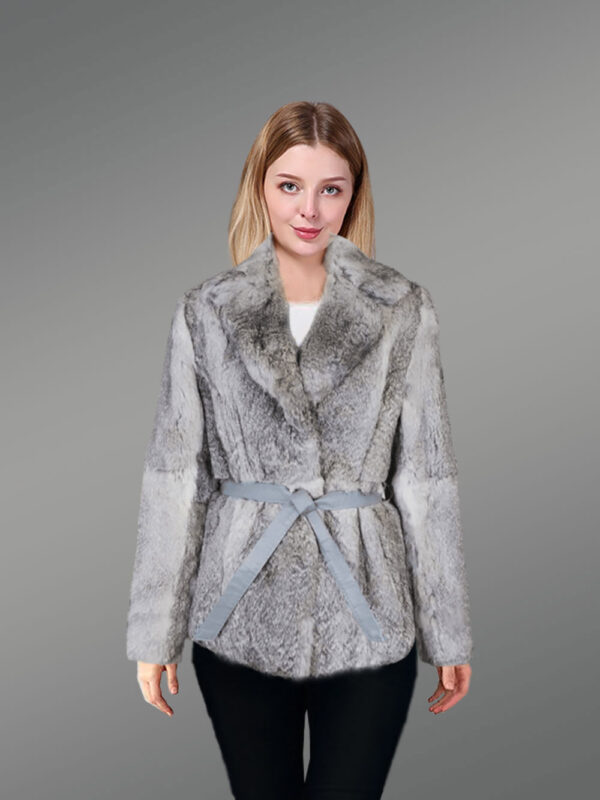 Women’s Ribbon Belt Fur Coat with Collar and Lapel