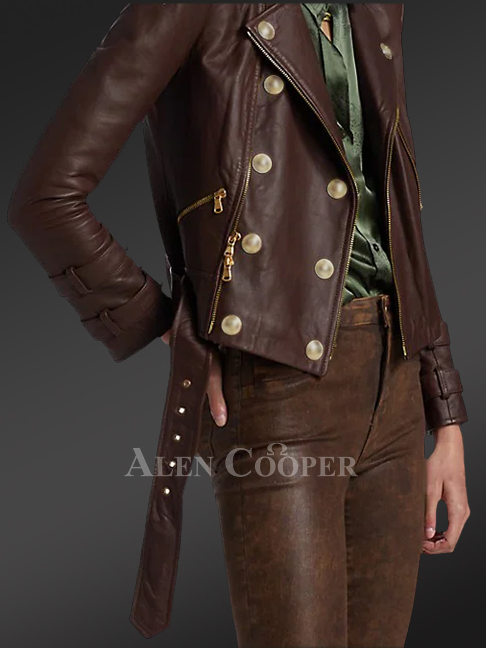Belted Double Breast Biker Jacket with Zippers and Buttons - Image 5
