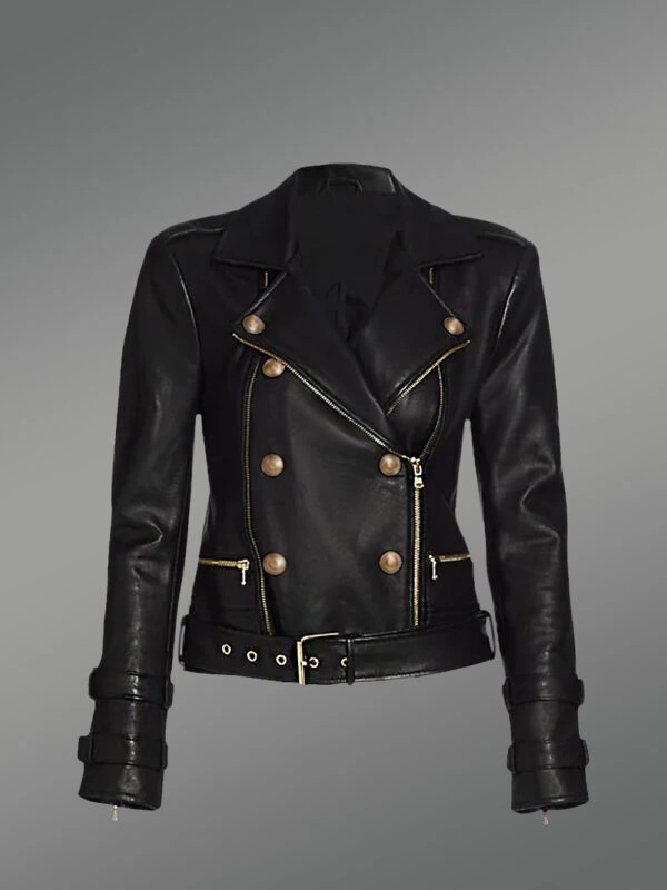 Crop Leather Moto Jacket with Belt in Black - Image 5