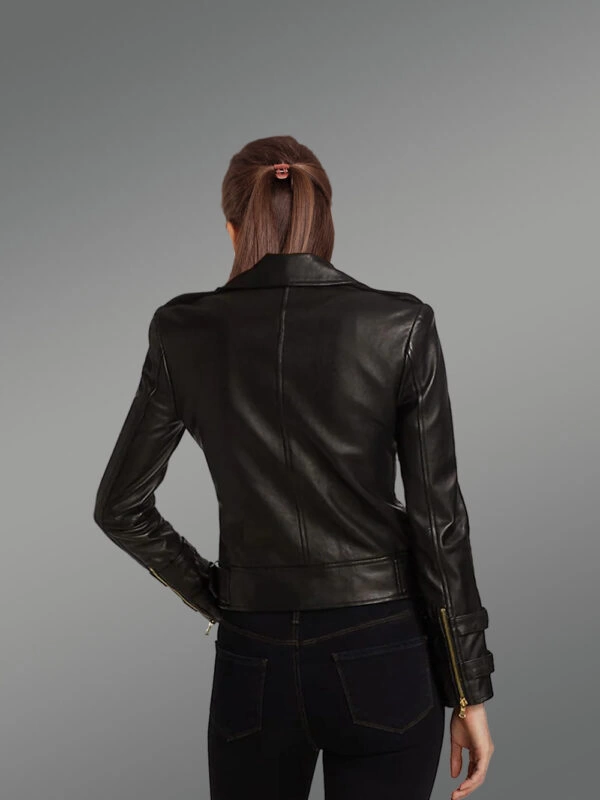 Crop Leather Moto Jacket with Belt in Black - Image 4