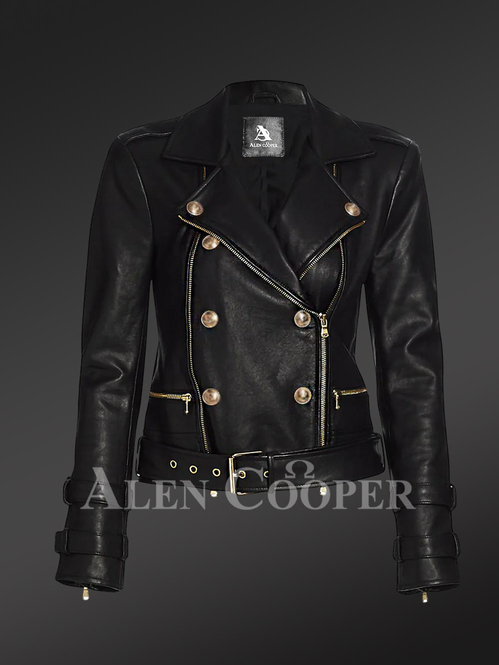 Double Breast Leather Jacket with Belted Waist and Cuffs - Image 5