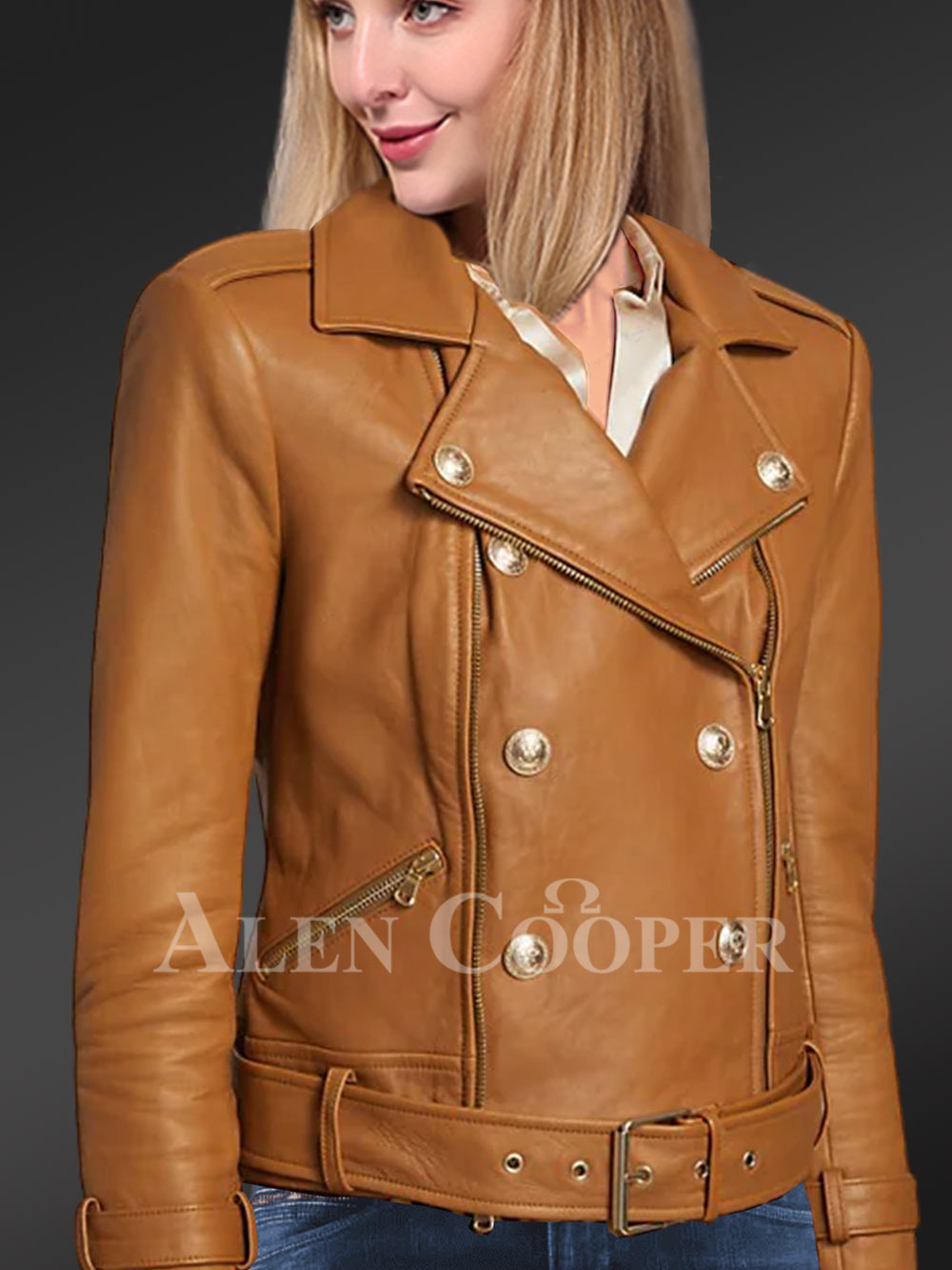 Belted Leather Biker Jacket with Double-Breast Front - Image 5