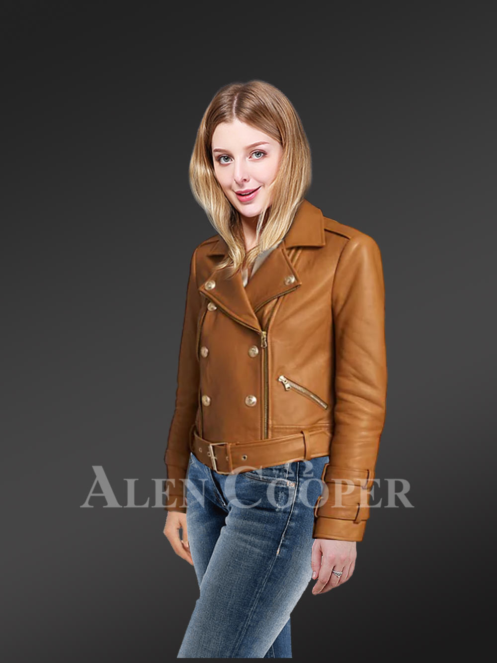 Belted Leather Biker Jacket with Double-Breast Front - Image 3