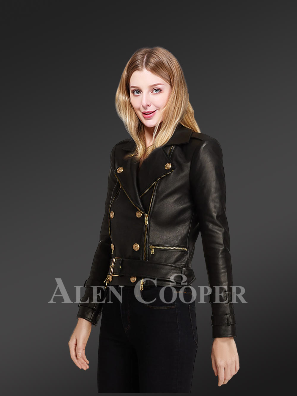 Double Breast Leather Jacket with Belted Waist and Cuffs - Image 2