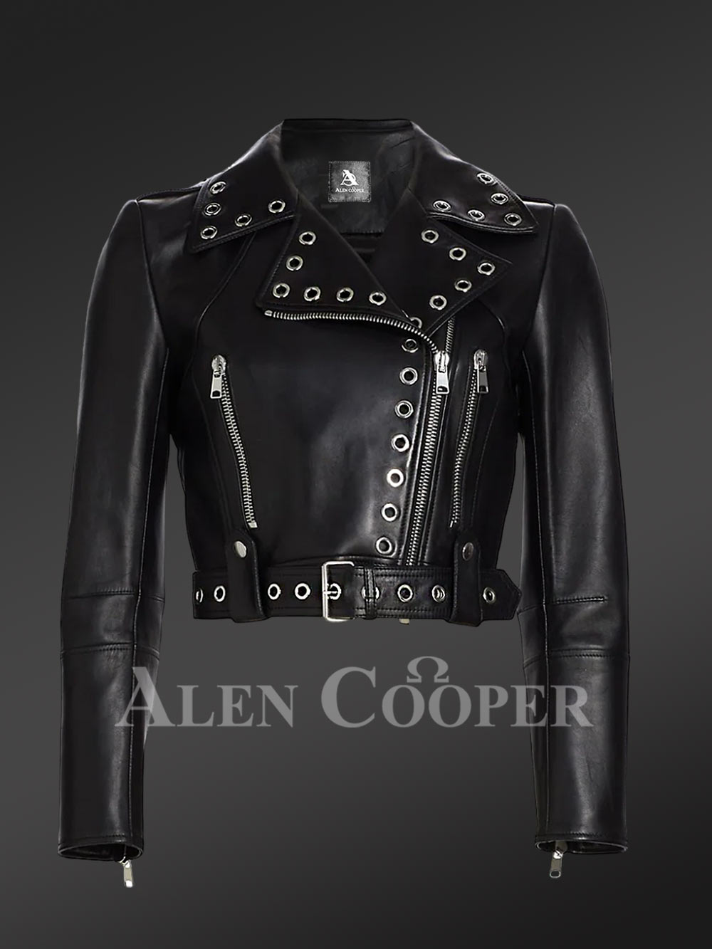 Metallic Crop Leather Jacket in black front view