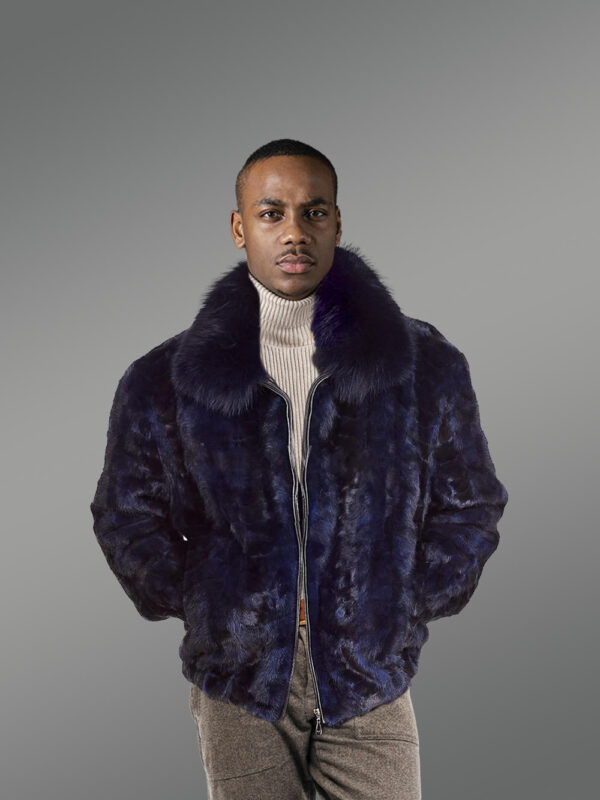 Men Mink Fur Bomber Coat with fox fur Collar - Image 3